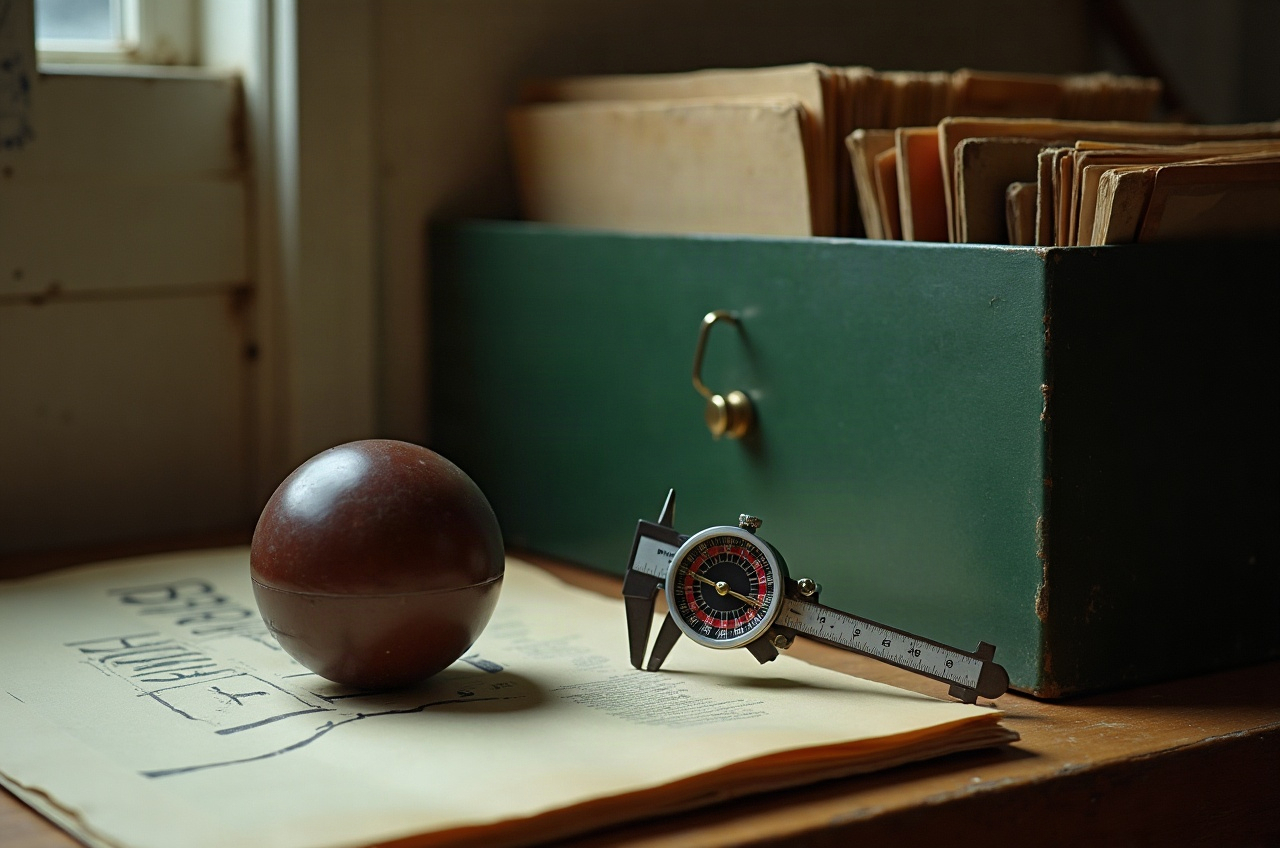 Calibre, bola de ruleta y separadores metálicos sobre una mesa de archivo